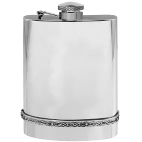 6oz Pewter Hip Flask with Intricate Celtic Band and Hinged Captive Top