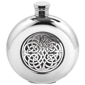 6oz Round Pewter Hip Flask with Celtic Knot Badge