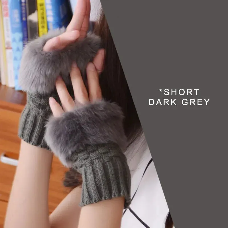 Autumn Winter Villi Knitted Touchscreen Gloves Women Girls Cute White Arm Warmers Furry Mittens Half Finger Fingerless Gloves