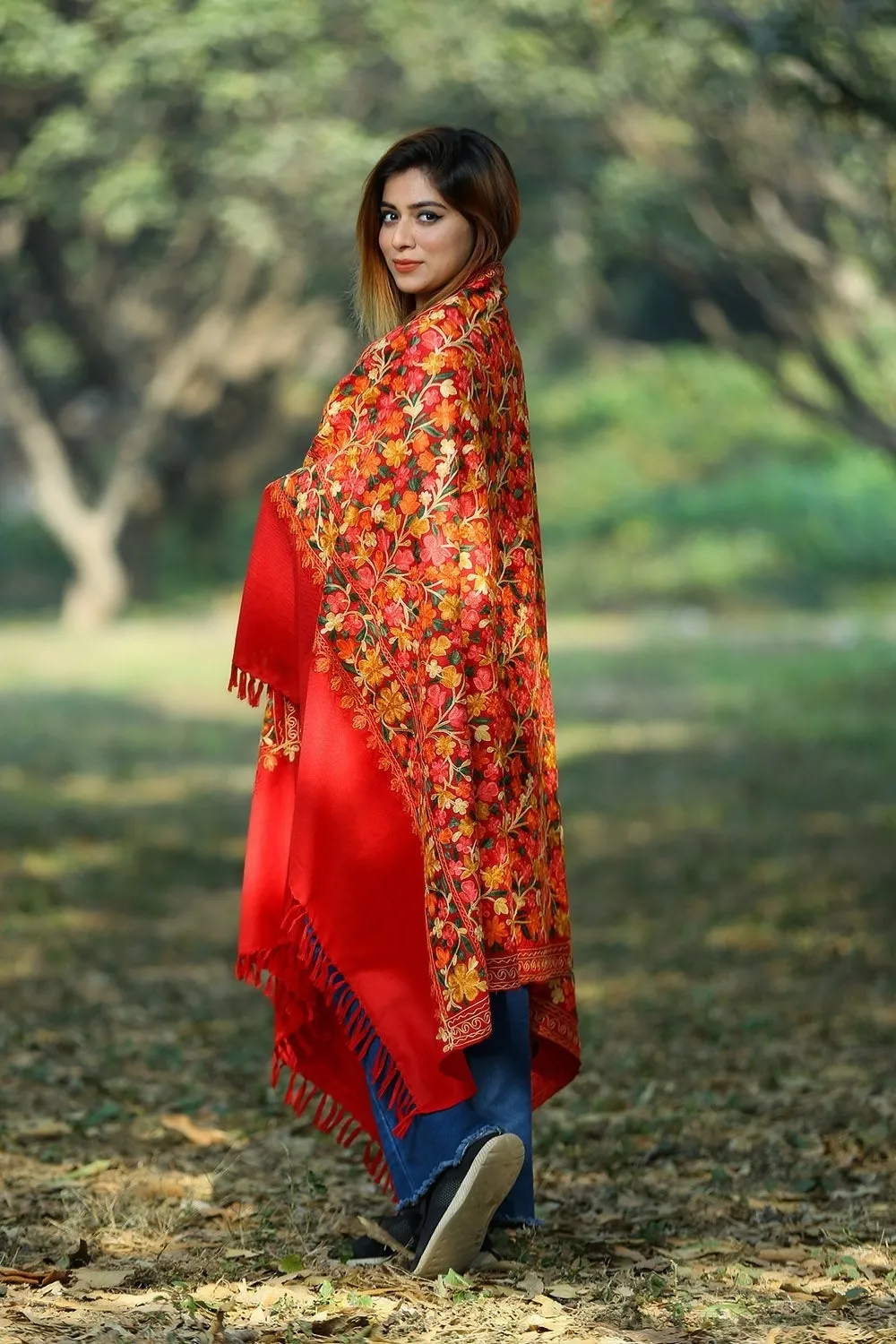 BEAUTIFUL MULTICOLOURED FLORAL ON HOT RED COLOUR SHAWL DEFINES FEMINISM AND ADDS GLAMOUR