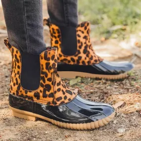 elveswallet Leopard Printed Waterproof Slip On Ankle Duckboots