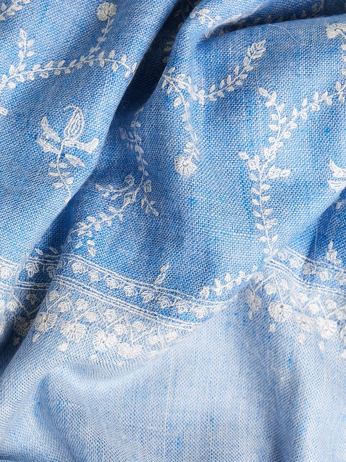 Embroidered Pashmina Shawl in Sky Blue with White