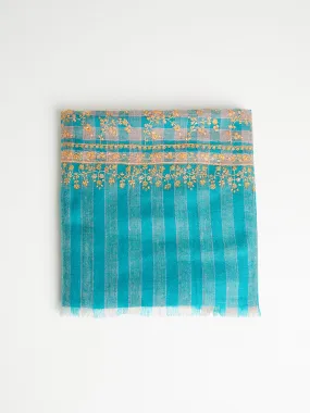 Embroidered Pashmina Shawl in Teal Check with Yellow and Orange Flower