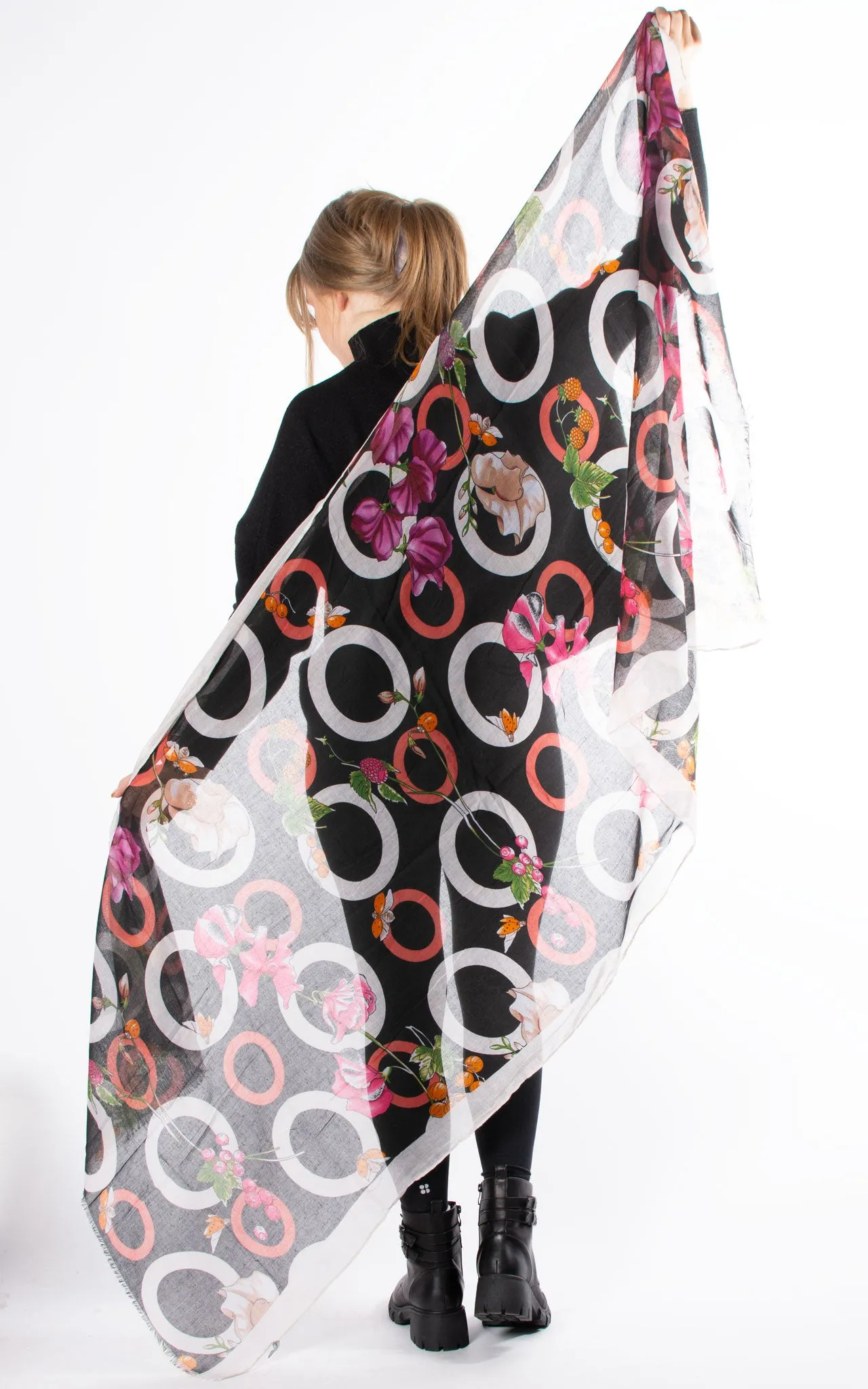 Floral And Circle Print Scarf | Black