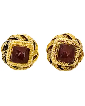 Gold Tone and Red Poured Glass Earrings