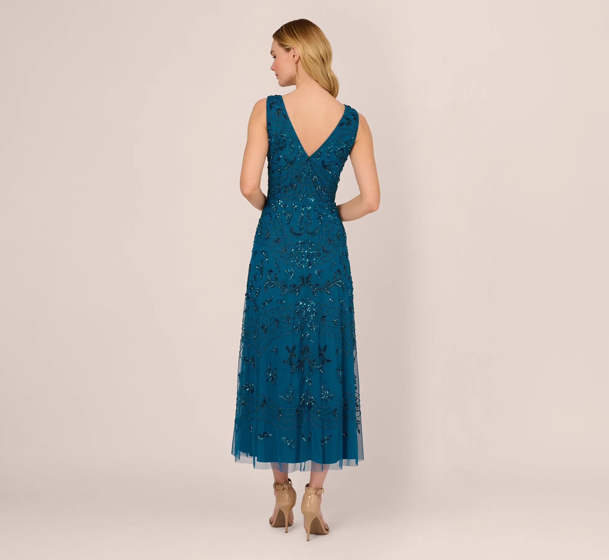 Hand-Beaded Ankle-Length Dress In Teal Sapphire