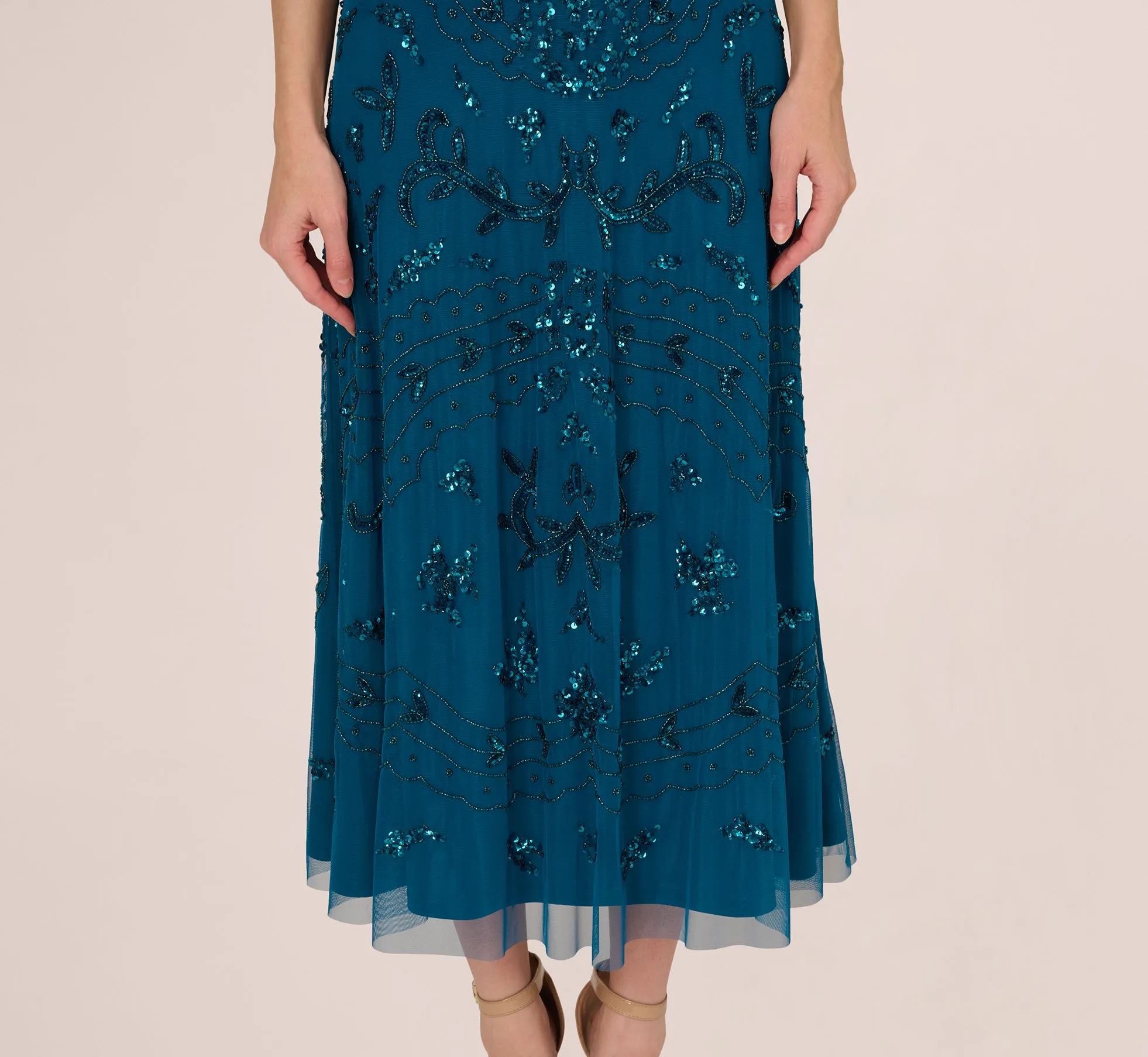 Hand-Beaded Ankle-Length Dress In Teal Sapphire