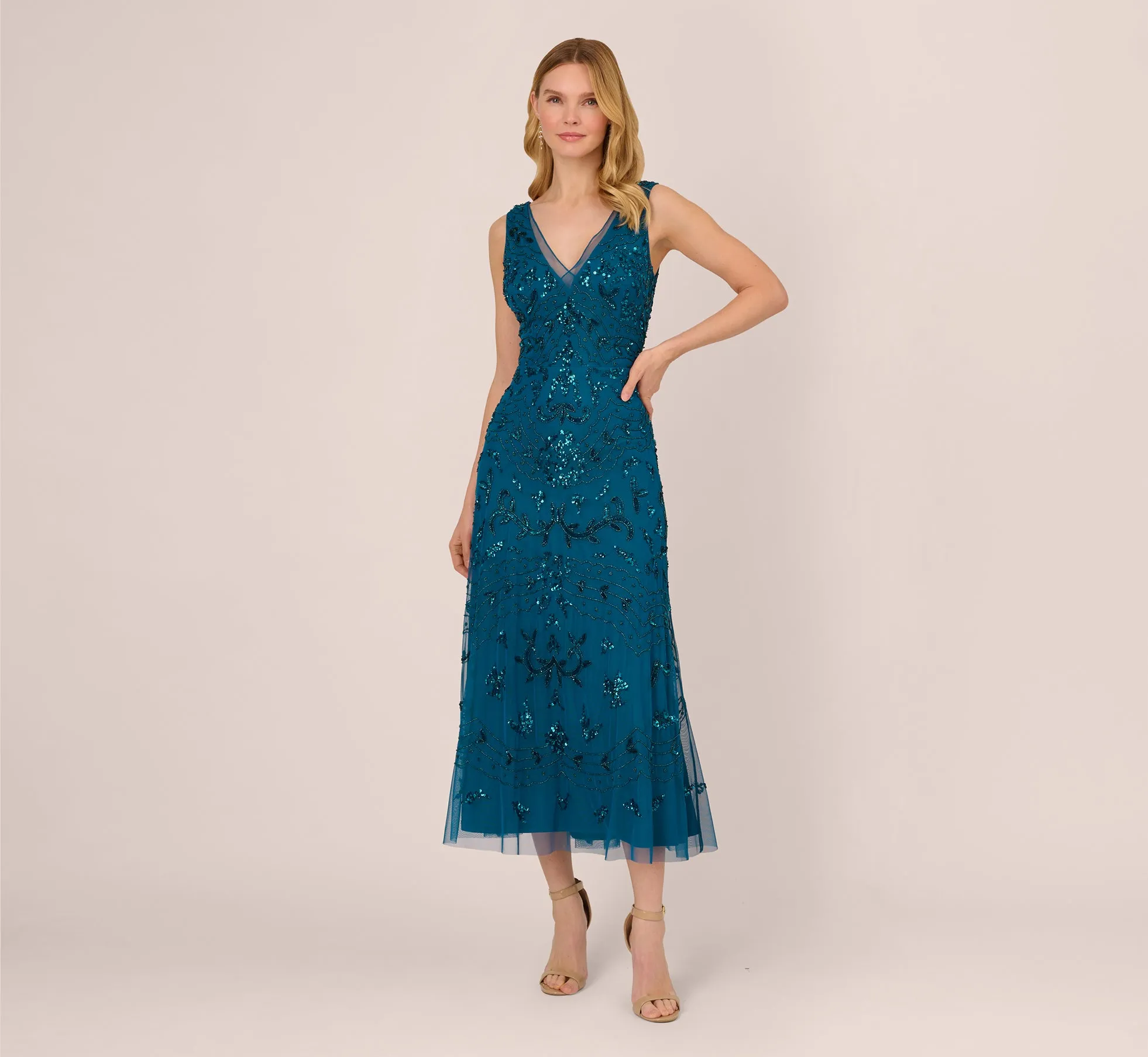 Hand-Beaded Ankle-Length Dress In Teal Sapphire