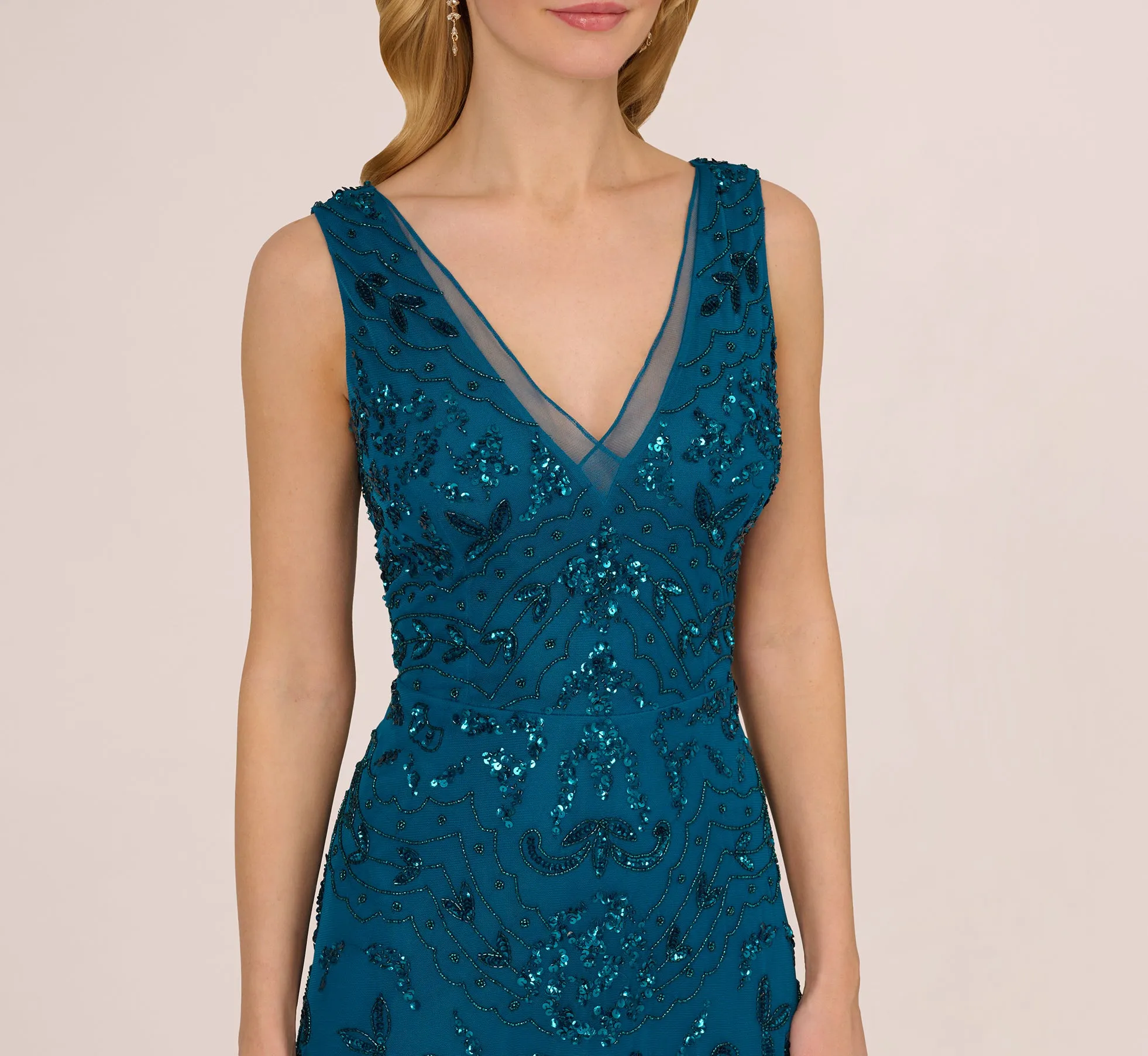 Hand-Beaded Ankle-Length Dress In Teal Sapphire