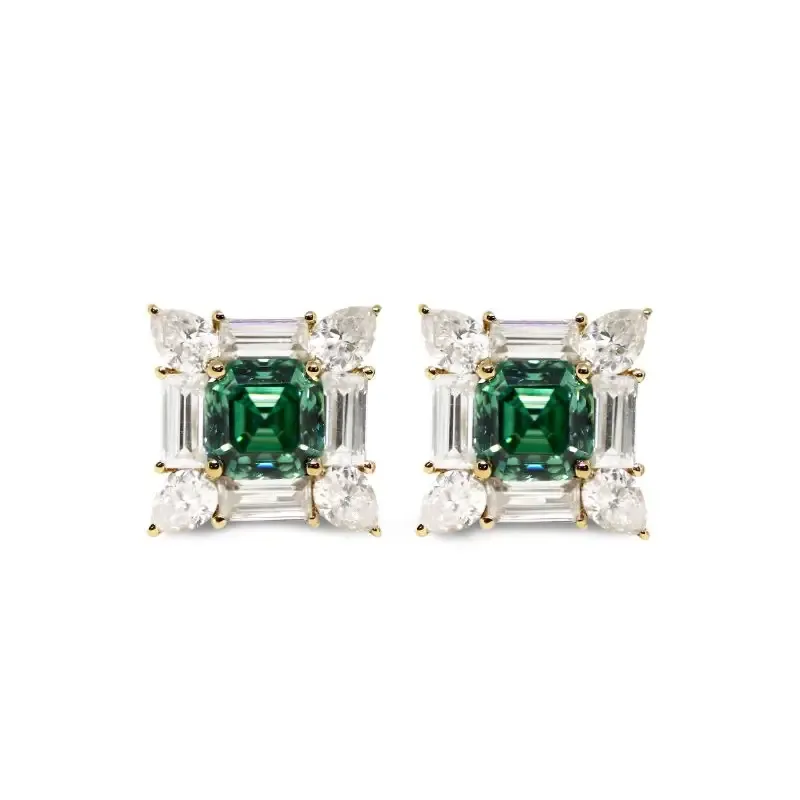 Laurel Asscher Forest Green Moissanite with Decorative Halo Stud Earrings in 18K gold