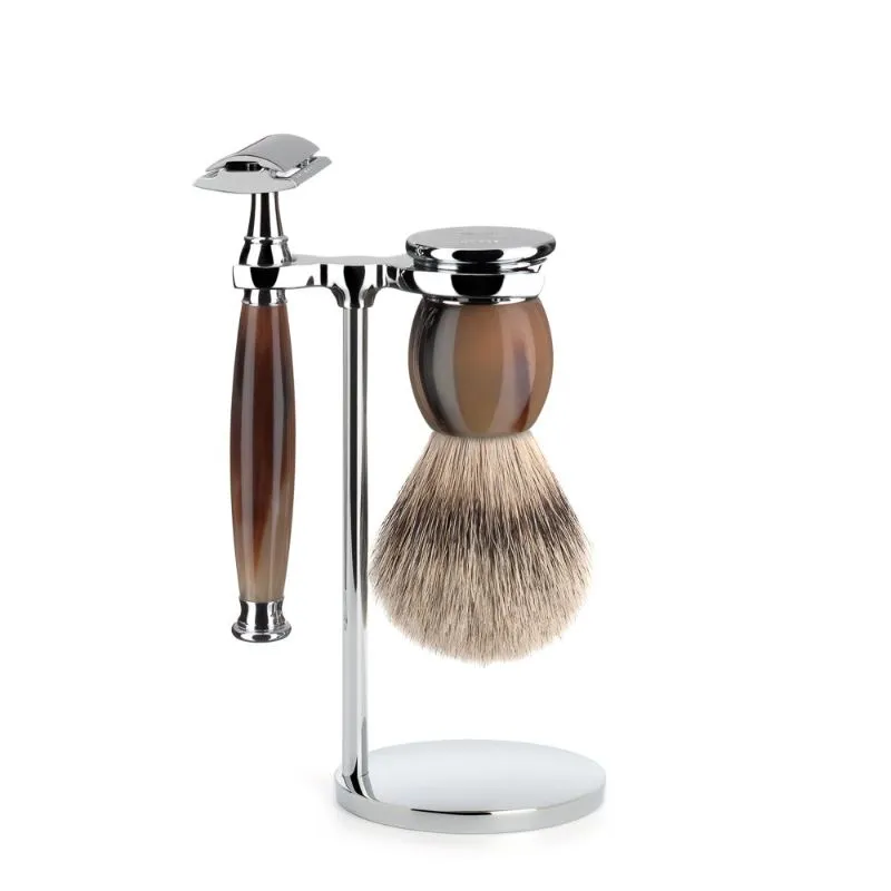 MUHLE Sophist, Genuine Horn, Shaving Set with Safety Razor & Silvertip Badger Shaving Brush