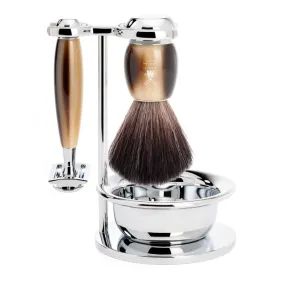 MUHLE Vivo, Resin Horn Brown, Shaving Set with bowl, Safety Razor & Black Fibre Brush