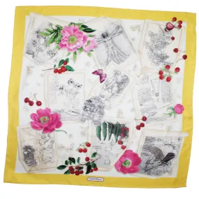 Salvatore Ferragamo Silk Scarf Flowers & Drawings Design - Large 36 Inch Square Foulard