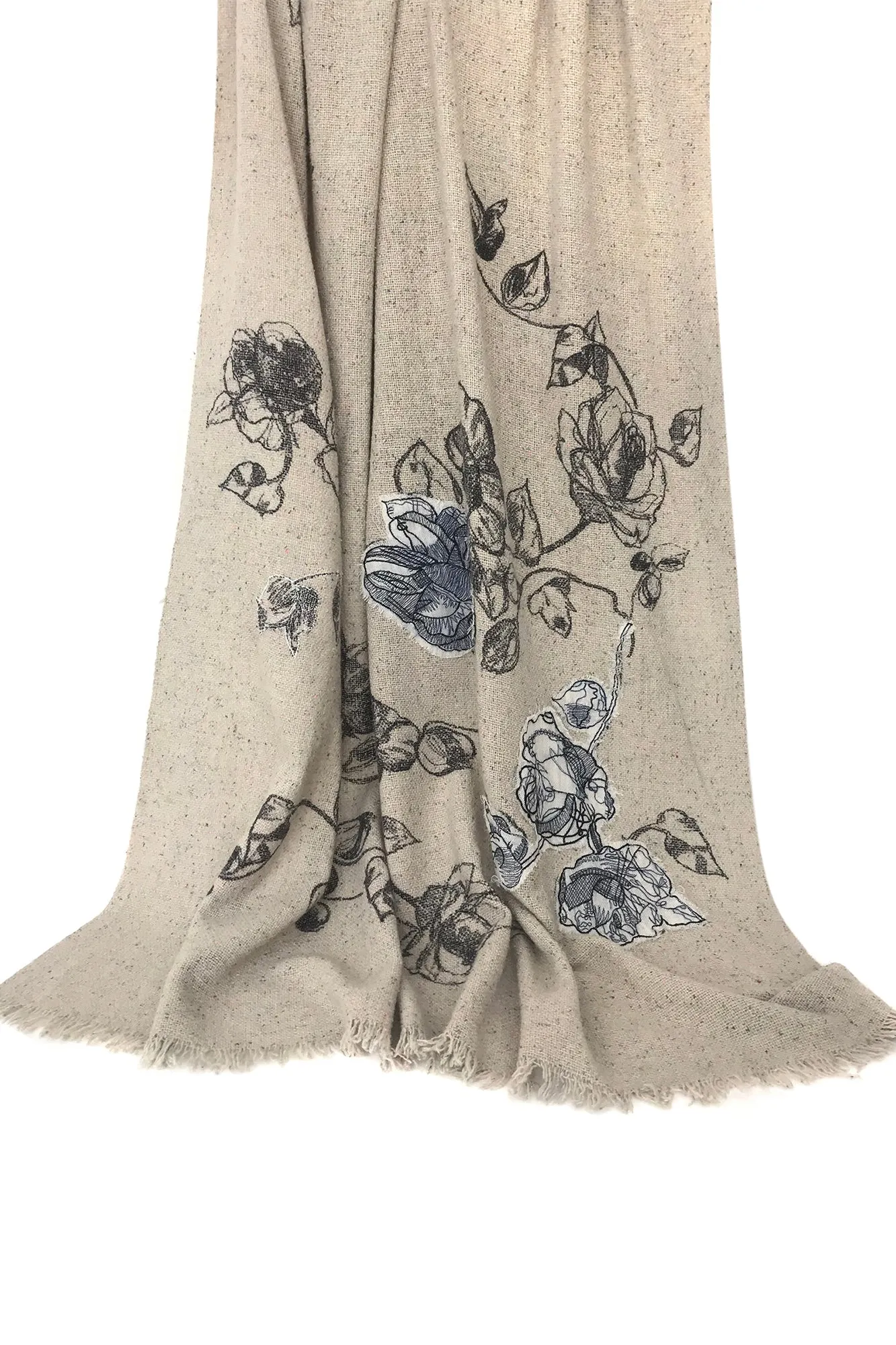 Silk wool Cashmere - Floral Monochrome Illustration Scarf